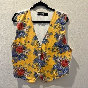 Vintage Yellow Floral Vest Cottagecore Indie Layering Retro Button Front Top